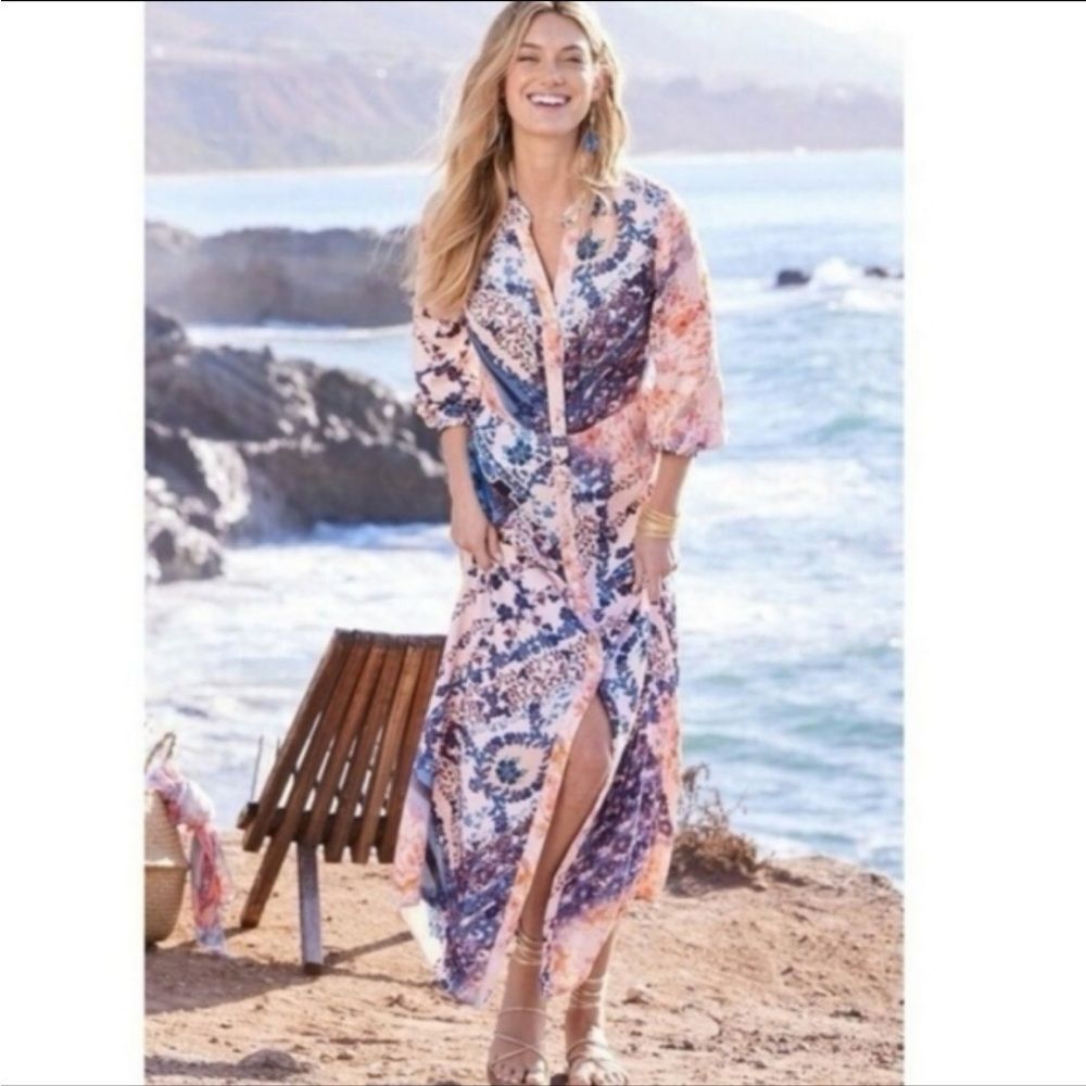 Soft Surroundings Nassau Maxi Dress Long Sleeves Women’s Large L Boho Print